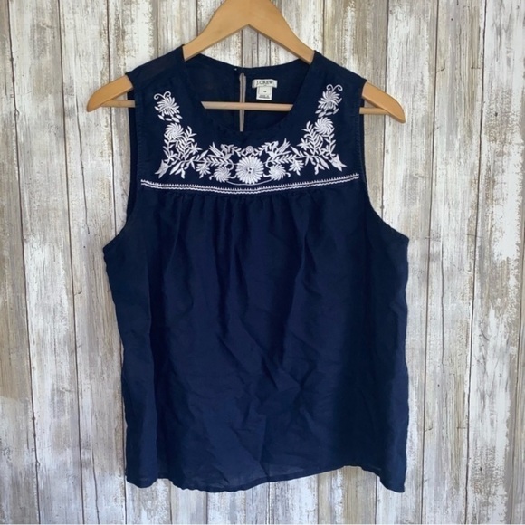 J. Crew Linen Blend Navy Embroidered Neck Sleeveless Blouse - Picture 2 of 5